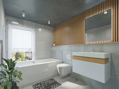modernes Badezimmer mit weißen Keramiken und hellen Fliesen